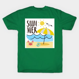 Summer, crab, parasol, slippers, beach, waves, sun T-Shirt